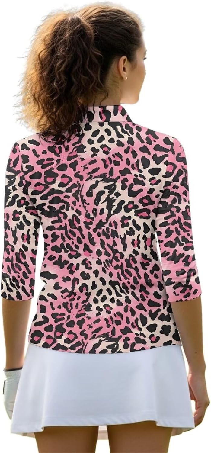 Tennis Polo Tops for Women 1/4 Zip Up V-Neck Golf Tops Smooth Breathable Running Workout 3/4 Sleeve Shirts