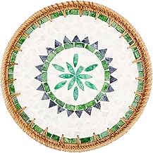 CREATCABIN Woven Round Rattan Serving Tray for Coffee Table Home and Kitchen for Decorative Dinners for Tea Fruit and Desserts 30 x 30 cm Bohemian Shell