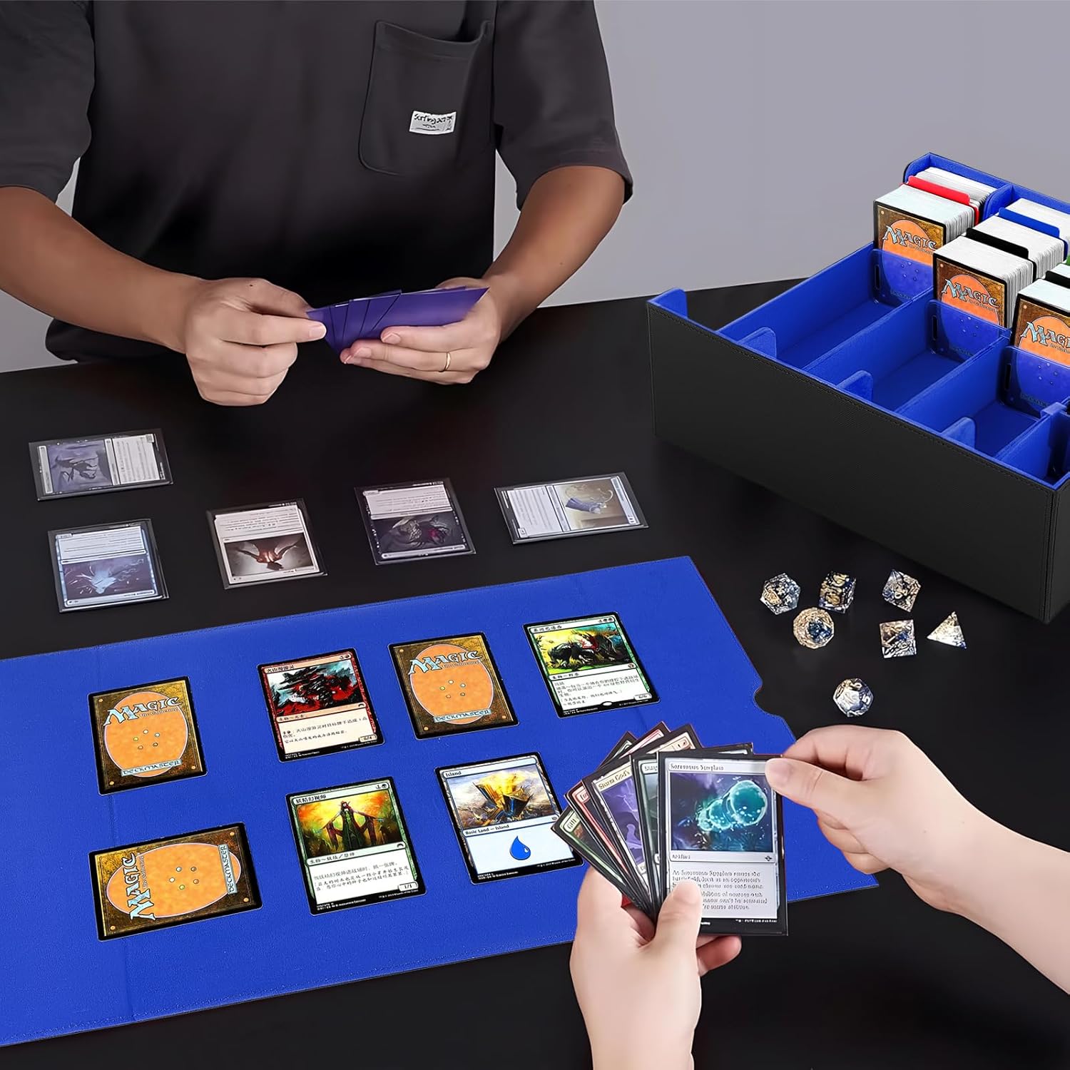 Trading Card Storage Box, 3000+ MTG Deck Box with 24 Dividers & 6 Card Supporters, Commander Card Deck Case Fits for Magic Game Cards, YugiOh, TCG, PTG and Sport Cards(Black Blue)