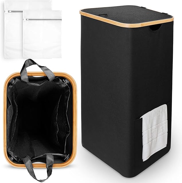 Laundry Baskets with Lid Black, 100 L, Collapsible Washing Baskets for Laundry with Removable Laundry Bags, Foldable Hamper Basket for Bedroom, Bamboo Laundry Hamper, Slim Dirty Clothes Laundry Bin