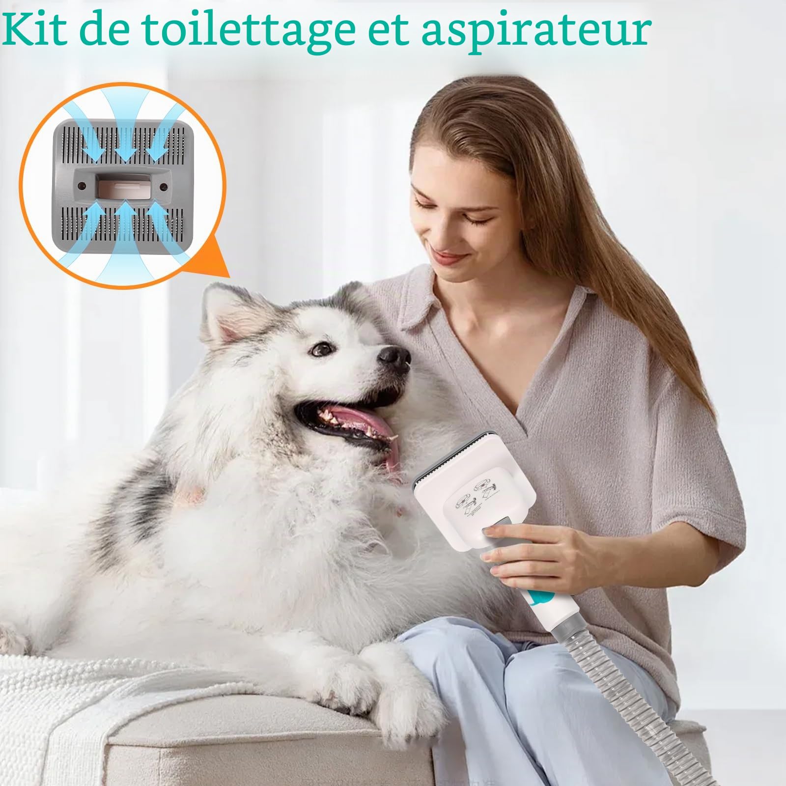 Tondeuse pour chien avec aspirateur, 13000 PA avec 7 outils d'entretien, tondeuse à pattes, brosse, peigne, 3 niveaux d'aspiration réglables