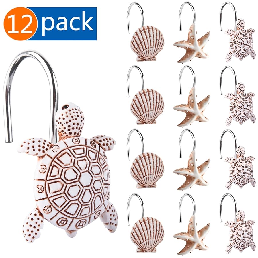 Decorative Shower Curtain Hooks, Seashell Turtles Shower Curtain Rings, Beach Theme Rust Proof Bath Shower Hooks, 12 Pack Bathroom Decoration Ocean Coastal Shower Curtain Hangers - image 3