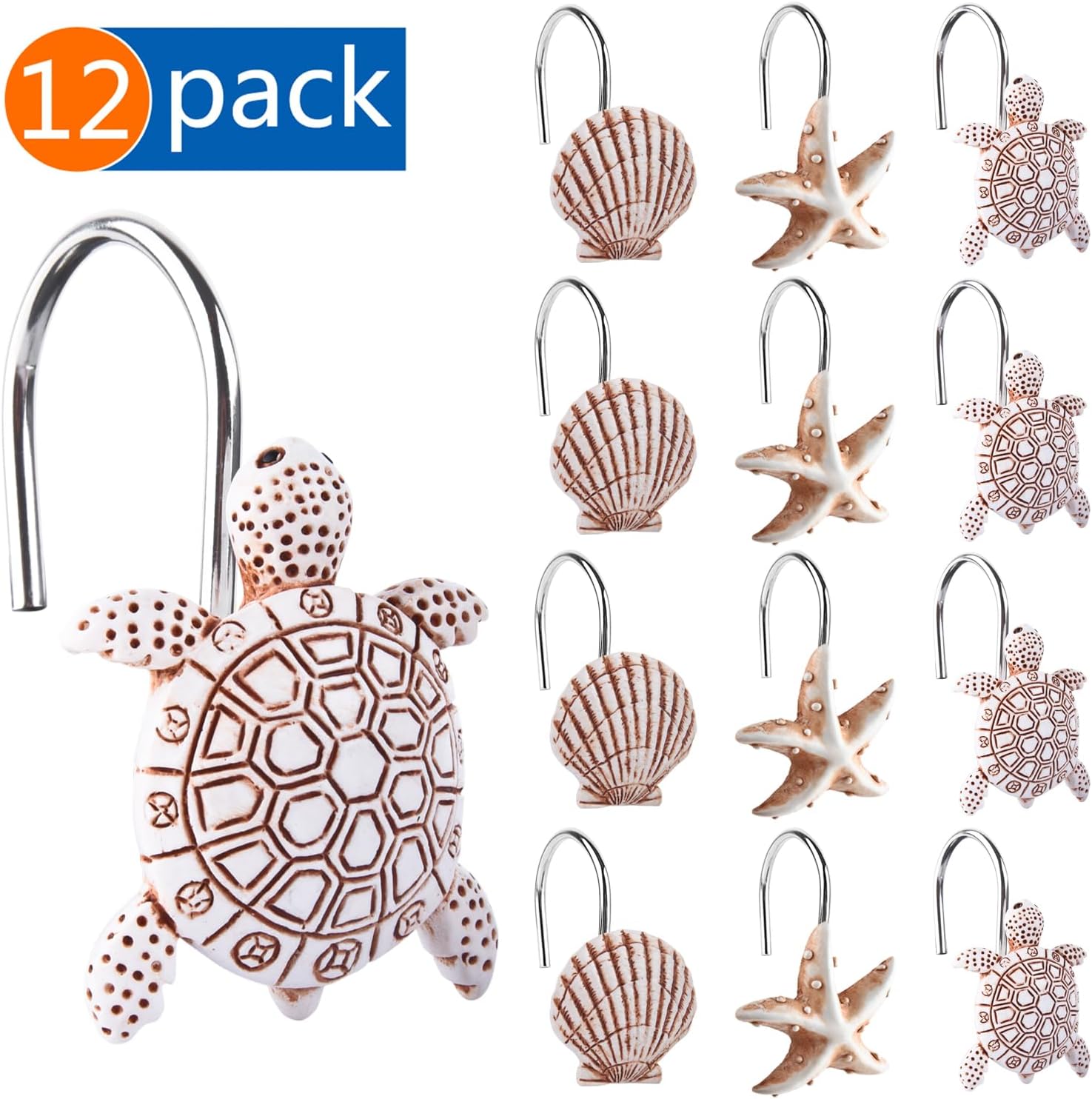 Decorative Shower Curtain Hooks, Seashell Turtles Shower Curtain Rings, Beach Theme Rust Proof Bath Shower Hooks, 12 Pack Bathroom Decoration Ocean Coastal Shower Curtain Hangers