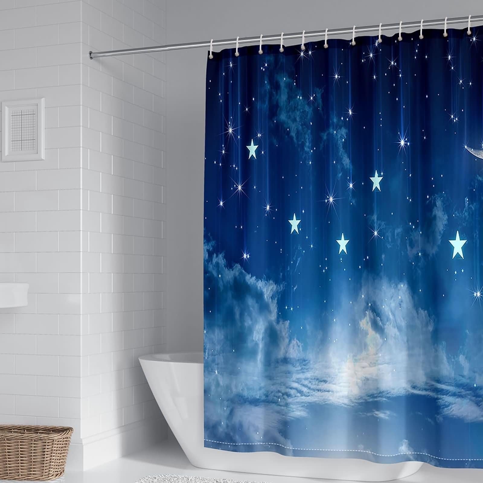 Duschvorhang 180X200, Duschvorhang Textil Waschbar Blau Stern und Wolke Schöner Duschvorhang