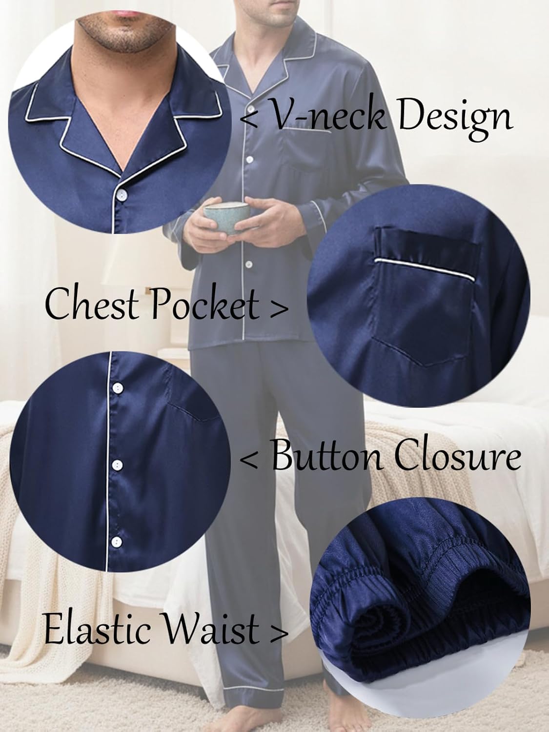 Wowcarbazole Men's silk Satin Pajamas Set Long/short Sleeve Button-Down Sleepwear with front pocket - Image 5