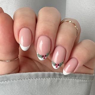 30Pcs Christmas White French Tip Press on Nails - Short Almond Fake Christmas Fruit False Nails With Glue - Winter Glossy Acrylic Natural Full Cover Stick on DIY Art for Women