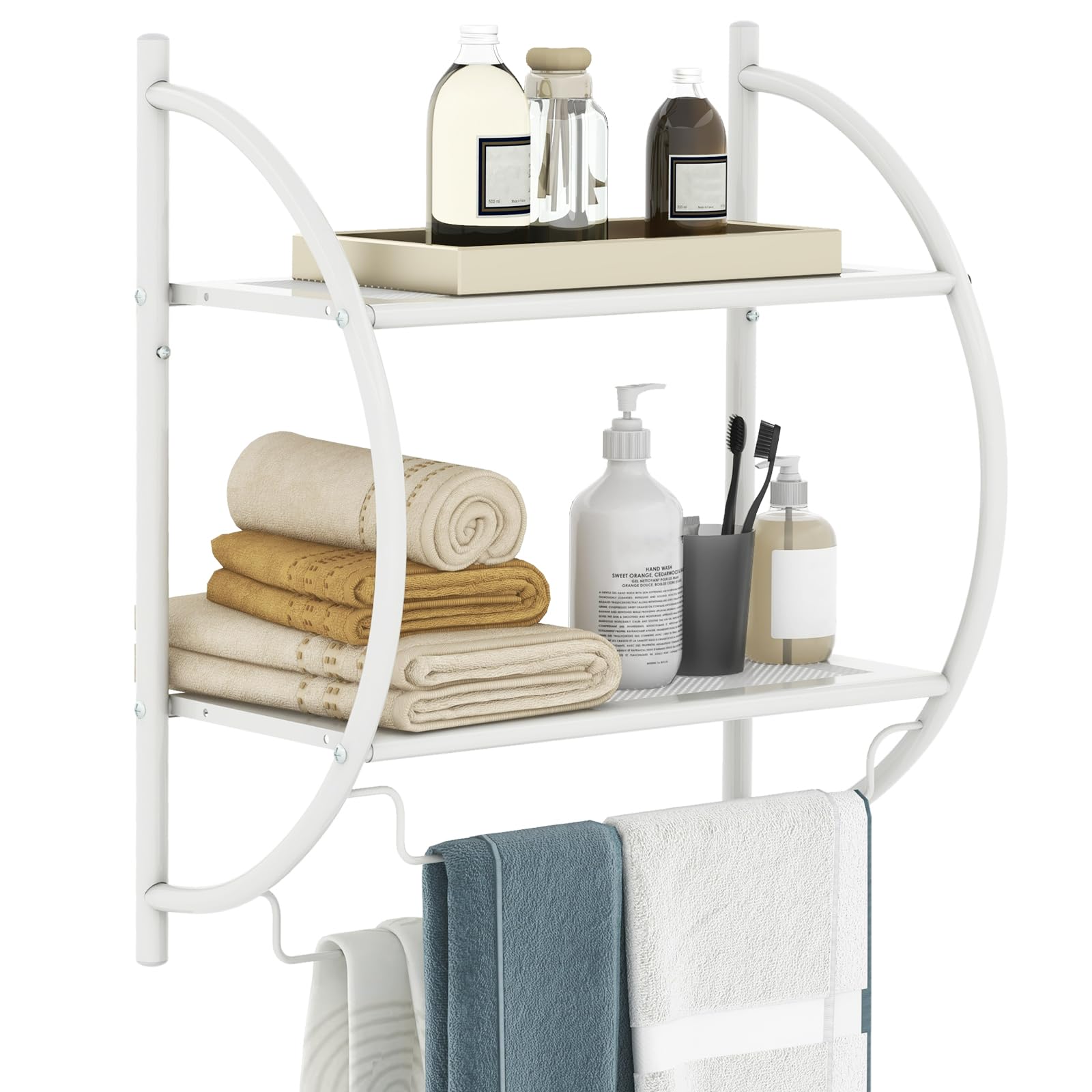 GIANTEX Porta Asciugamani Bagno da Parete, Mensola Doccia con 2 Ripiani e 2 Portasciugamani, Antiruggine, 45x25,5x55 cm Bianco