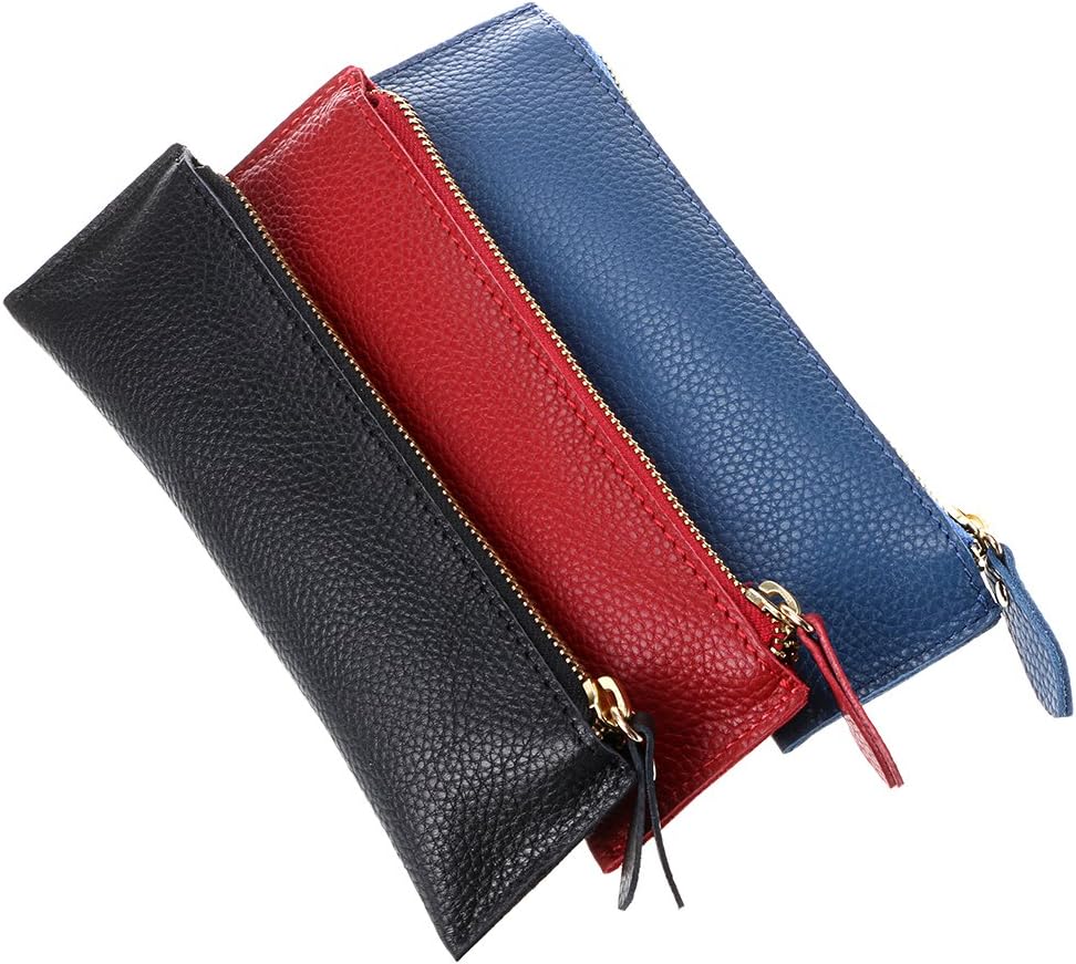 BTSKY Genuine Leather Pencil Case - Zippered Pen Case Stationery Bag Zipper Pouch Pencil Holder (New Black)