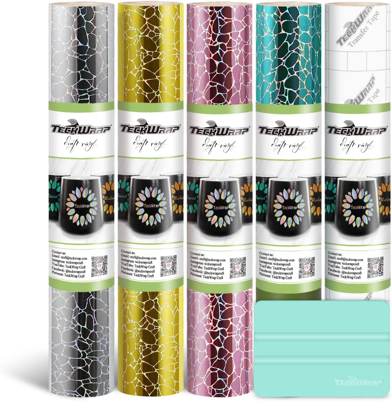 TECKWRAP Holographic Cracked Pattern Chrome Adhesive Vinyl Bundle 12" x 36"/Rolls for DIY Craft, Arts (Silver,Gold,Mint Green,Rose Gold)