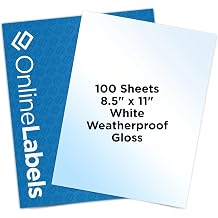 OnlineLabels 8.5" x 11" Rectangle Labels - Permanent, Weatherproof White Gloss - for product labeling, packaging, and shipping - 100 Sheets - Inkjet Only