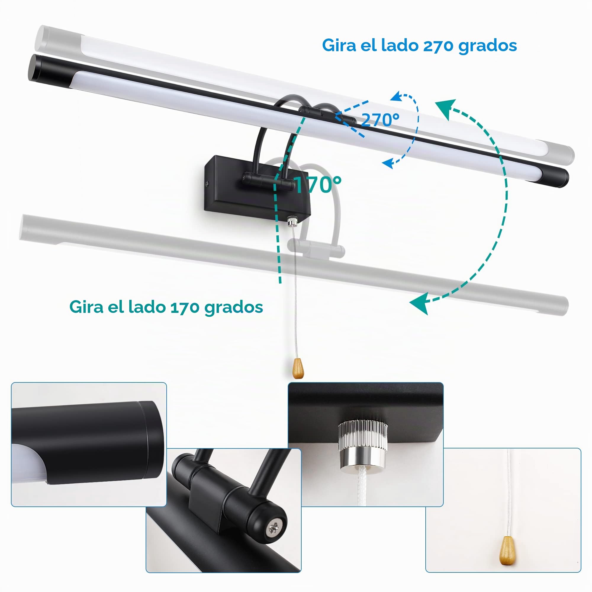MantoLite LED Lámparas de Pared 12W,Interior Iluminación para cuadros y expositores Con Cabeza de Lámpara Giratoria e Interruptor,Baño Espejo Apliques de Pared 60CM 3000K Luces de Lectura (Negro)