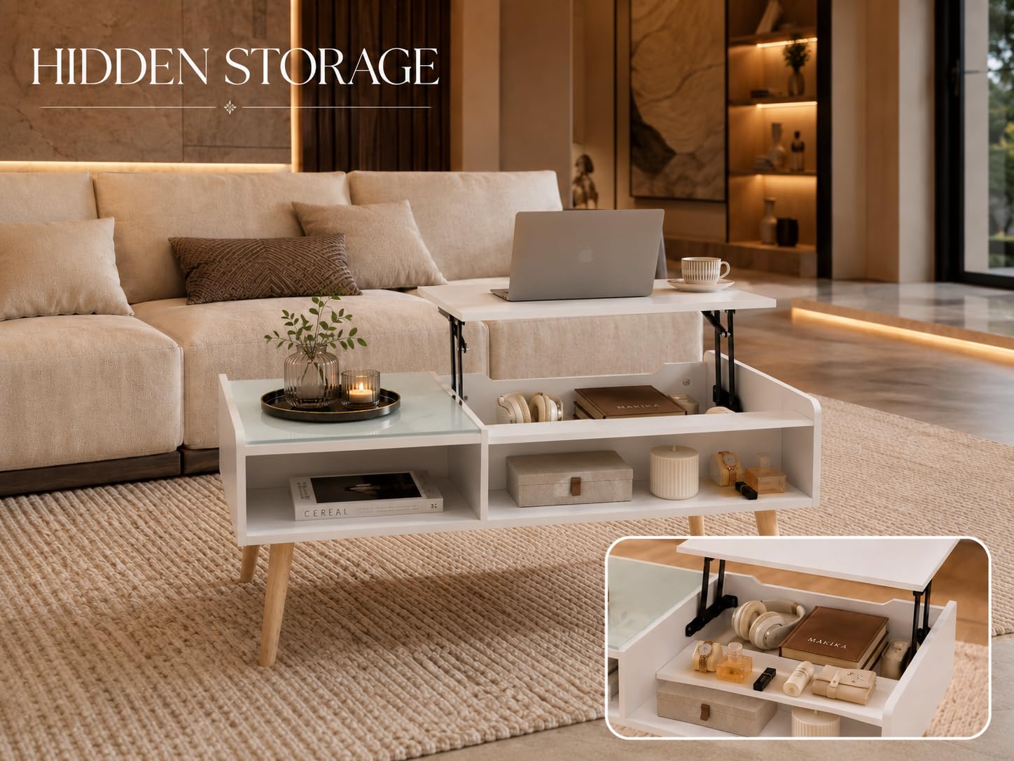 Couchtisch Wohnzimmertisch ausziehbar - mit höhenverstellbarer Platte und verstecktem Stauraum Sofatisch Kaffeetisch Beistelltisch - Fernsehtisch aus Holz und Glas Wohnzimmer Möbel Tisch Weiß