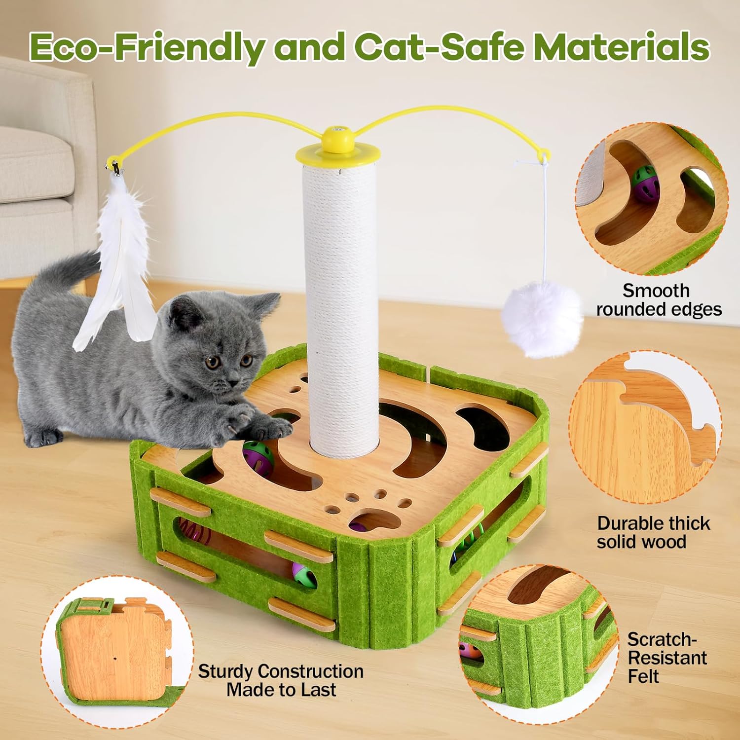 Cat Puzzle Box Toy for Indoor Cats Boredom Relief Interactive Wooden Cat Enrichment Maze with Jingle Balls, Feather Wands & Spiral Springs, Slow Feeder Treat Dispenser for Kittens & Adult Cats