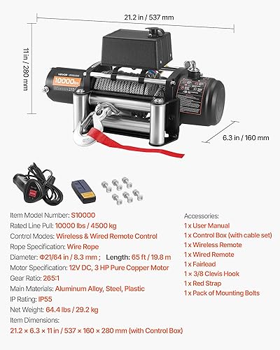 Miniatura 7 de VEVOR Cabrestante eléctrico, capacidad de carga de 10,000 libras, cabrestante de camión de 12 V CC con cuerda de acero de Φ21/64 pulgadas x 65 pies,