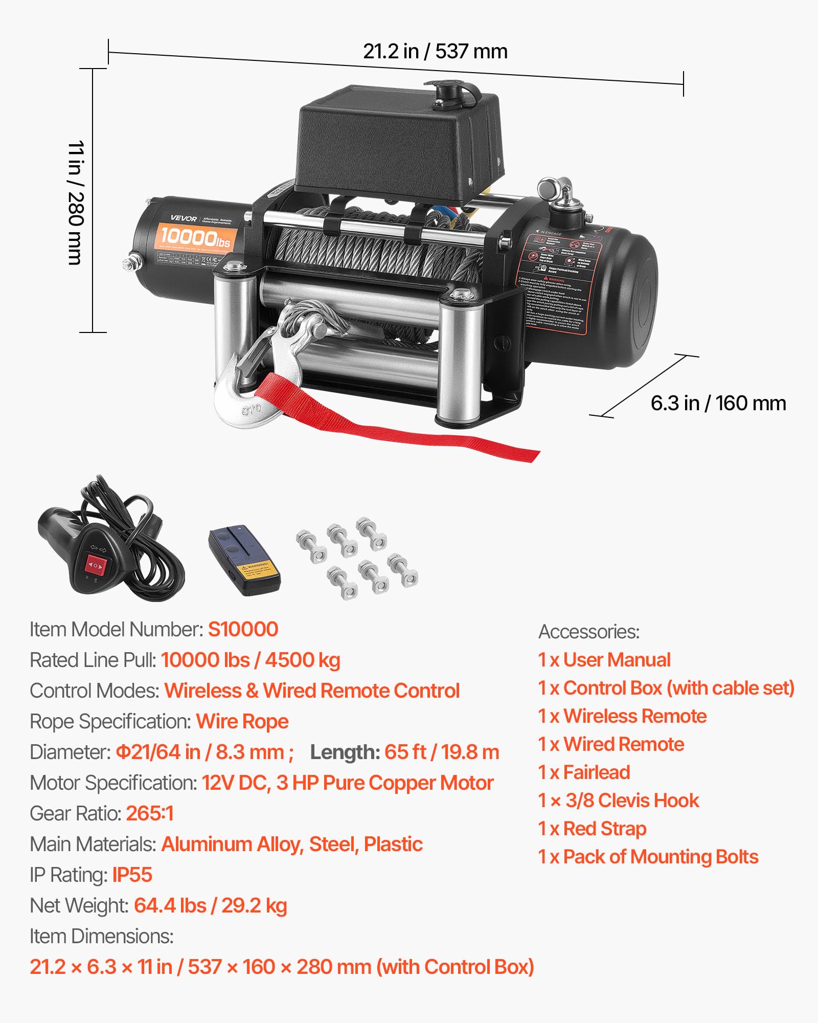 VEVOR Elektrische Seilwinde, 4500 kg, 12 V DC LKW-Winde mit Φ 8,3 mm x 19,8 m Stahlseil, kabellose & kabelgebundene Fernbedienung, IP55 zum Abschleppen von SUV, Jeep, Anhänger, Boot, Geländewagen