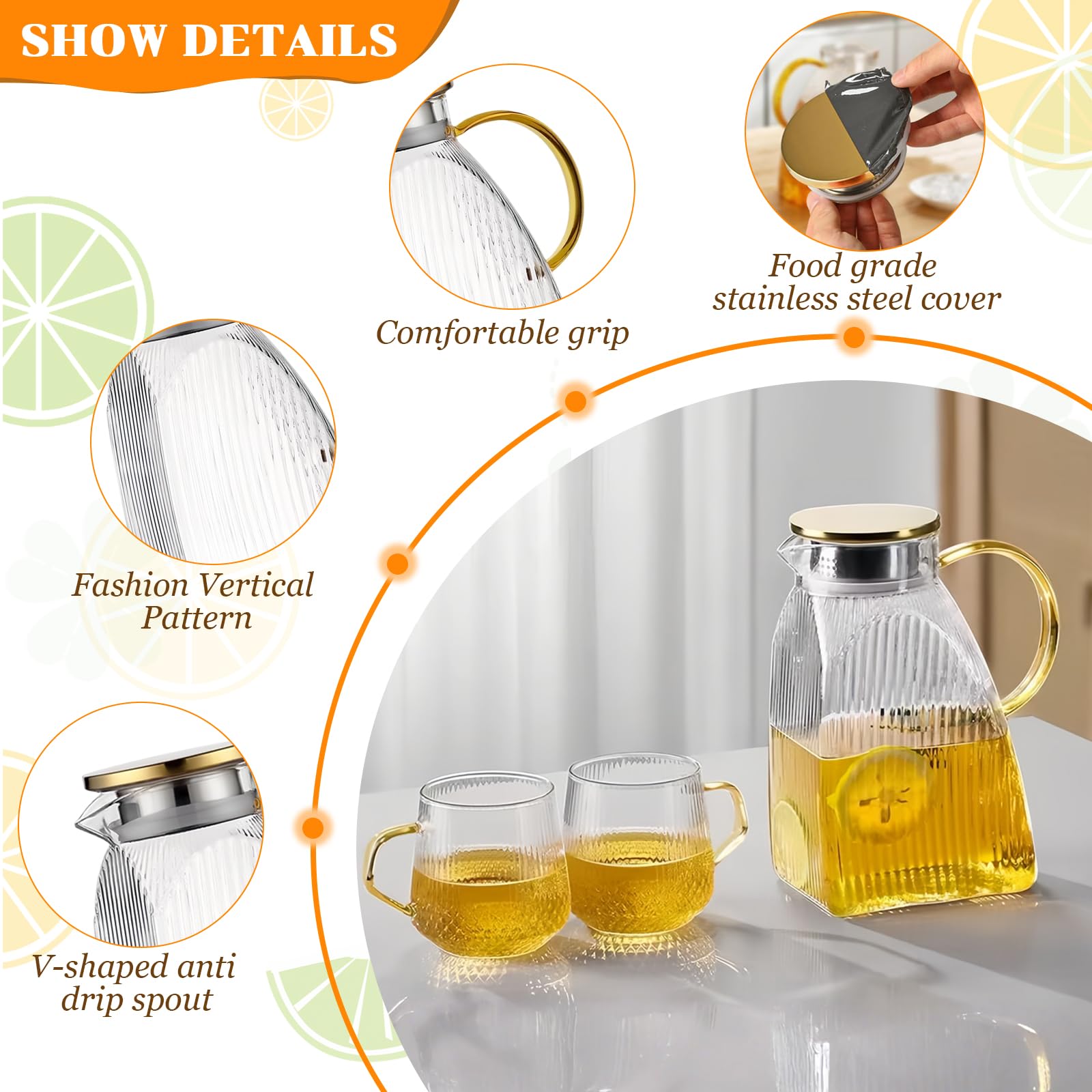 Pichet à Eau en Verre Borosilicate 1,8 L avec Couvercle et Anse, Carafe pour Boissons Chaudes & Froides
