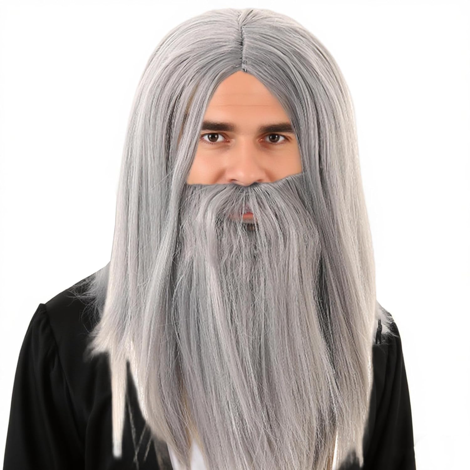 Grey Wig and Beard Wizard Costume Wig Accessory, Long Gray Wizard Beard and Wig Set Reusable Fake Beard Sorcerer Party Dress Up for Halloween Cosplay-Straight Style - Image 3
