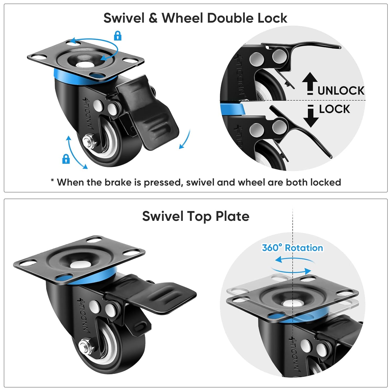 TICONN 2'' Swivel Caster Wheels Set of 4, with 4 Safety Brakes, Poly Wheels No Noise Non-Marking, Heavy Duty Plate Casters Set of 4 (2''): Industrial & Scientific
