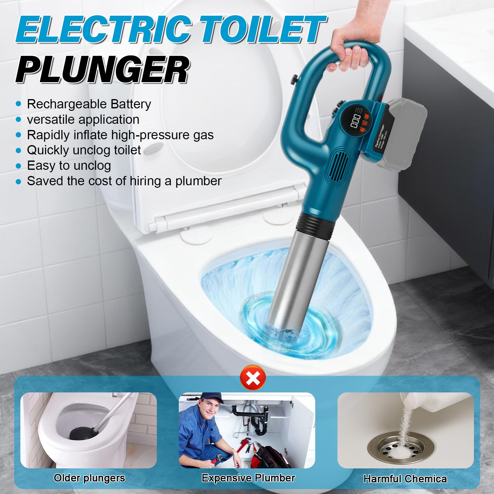 Kabelloser Abflussreiniger für Makita 18V-Akku (ohne Batterie) | 120W Akku-Rohrreiniger, mit 4 Aufsätzen, Druckanzeige, max. Druck 8 bar, für Toiletten, Waschbecken, Badewannen