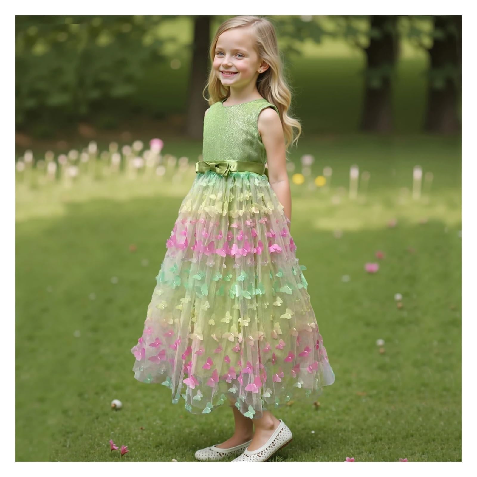 Vestido De Fiesta para NiñA Vestido de Fiesta de Boda de Princesa con Flores y Lazo de Malla sin Mangas con Mariposa Tridimensional for niña(10)