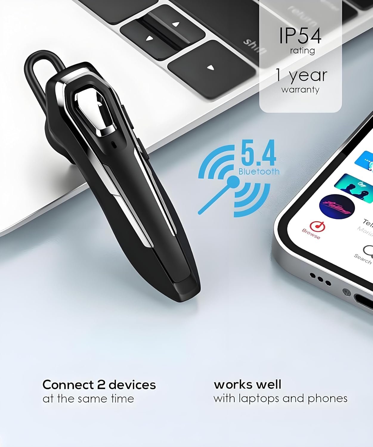 Single Ear Bluetooth Headset for Calls, Wireless Earpiece with Noise Canceling Microphone, 36Hrs Talk Time, Lightweight Hands-Free Headset for Driving/Office, Crystal Clear Calls (Black) - Image 5