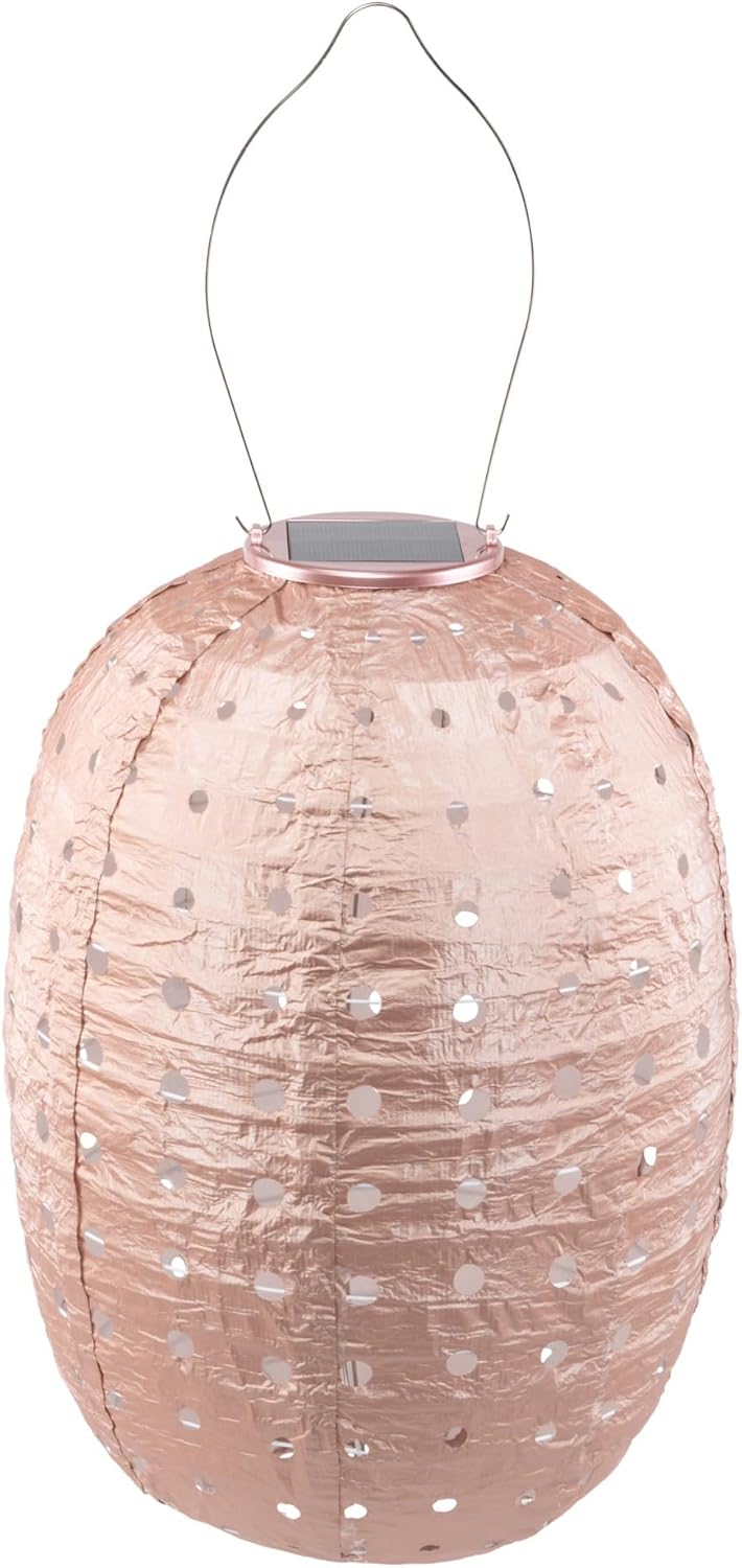 SOJI Stella Barrel Solar Lantern, 14” Swiss Dot Outdoor Hanging Light – Waterproof Tyvek® Patio, Garden & Yard Decor, Solar Powered LED with Stainless Steel Hardware (Rose)
