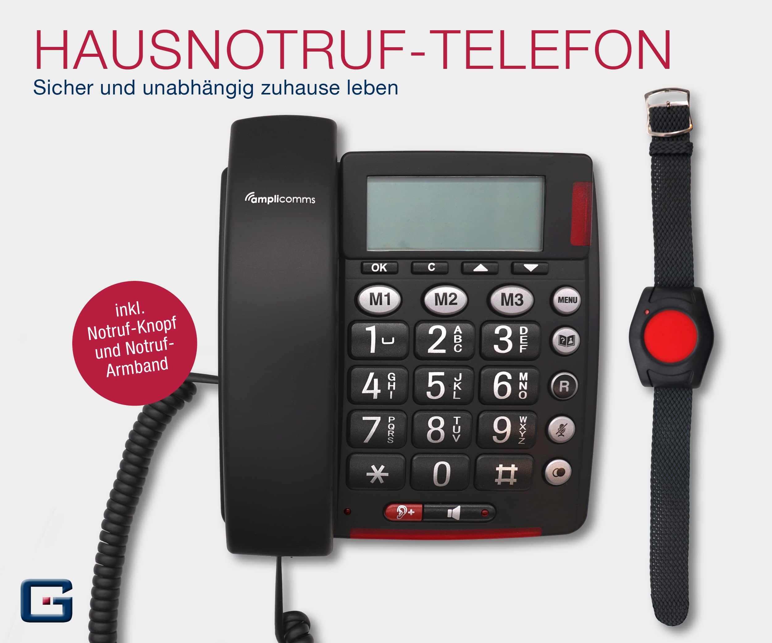 Model 2022/23 telefon dla seniorów telefon alarmowy dla seniorów z nadajnikiem radiowym SOS, przewodowy telefon stacjonarny, 1 nadajnik bransoletki, duże przyciski, kompatybilny z aparatami słuchowymi