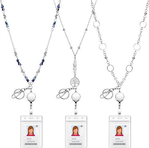 Zonon 3 juegos de cordones de identificación para mujer, soporte para insignia, collar, carrete retráctil con cuentas de acero inoxidable con clip