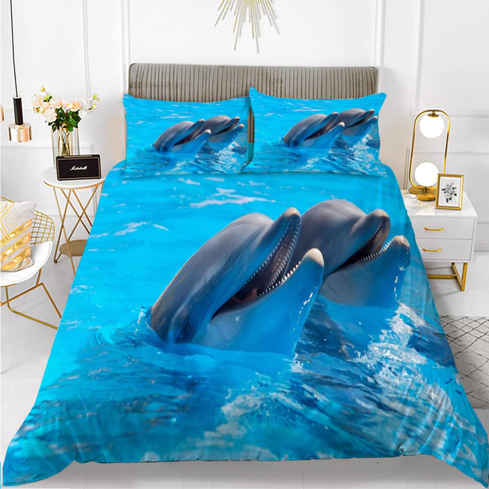 Housse de couette 140x200 dauphin bleu avec taies d'oreiller pour lit enfant et ado