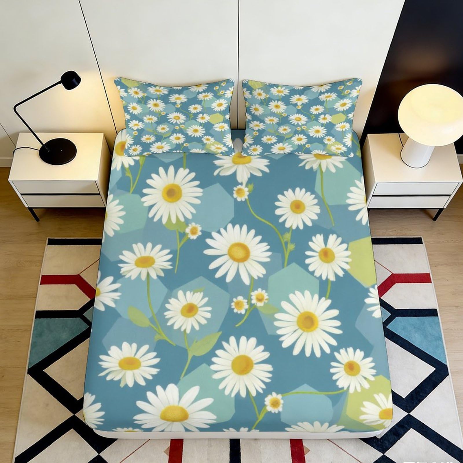 Jqzkxnhpbr Style-4 3D Printed Daisy Floral Fitted Sheet Microfiber Soft Blue Mattress Cover For Bedroom Dorm Decor Protection 90X200x25cm