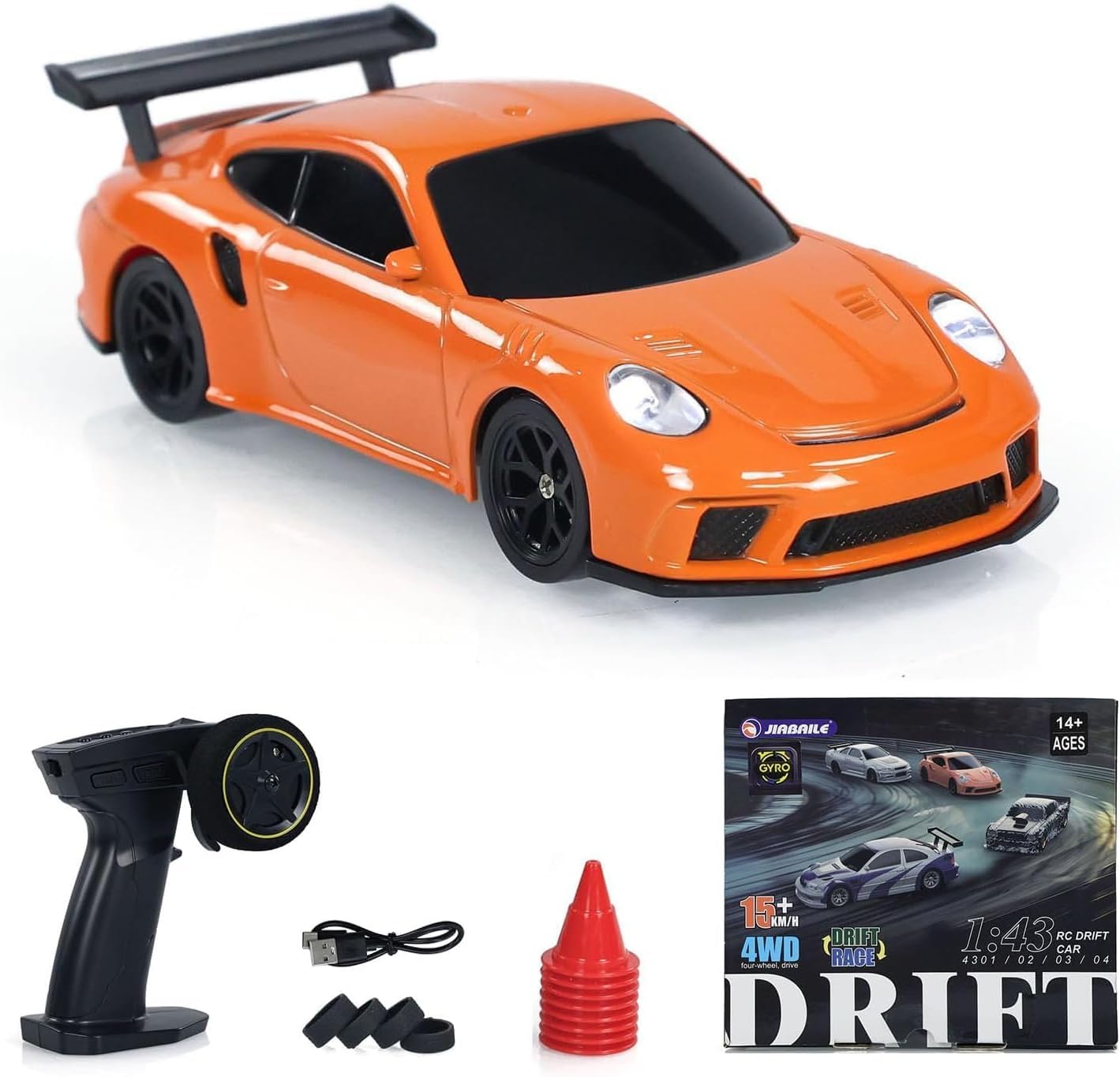 TOUCAN RC HOBBY 1:43 Ready to Run Race Car Gyro Drift Car 4WD Traffic Cones Mini Toy for Boys with a Gyro (Orange)