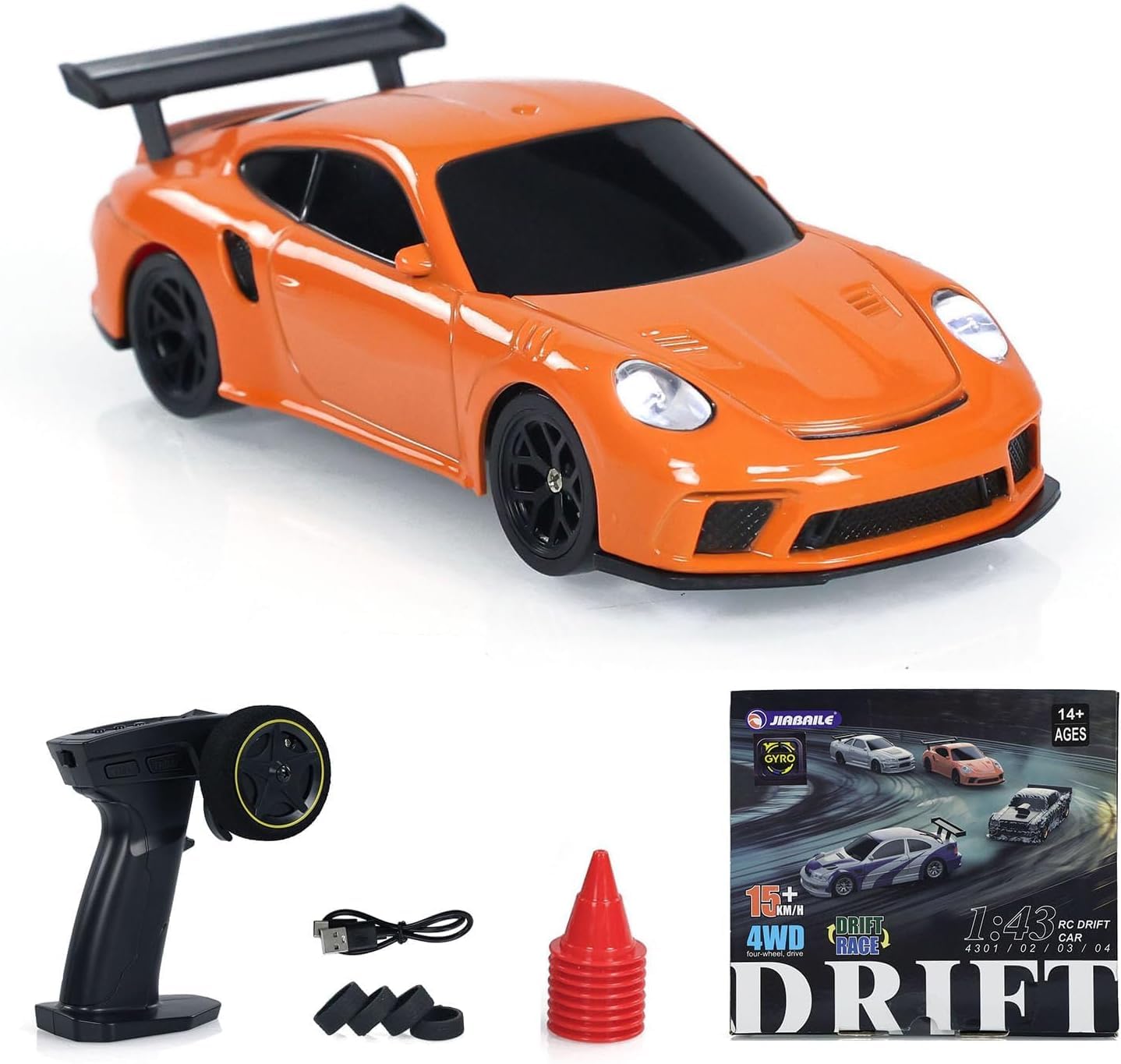 TOUCAN RC HOBBY 1:43 Ready to Run Race Car Gyro Drift Car 4WD Traffic Cones Mini Toy for Boys with a Gyro (Orange)