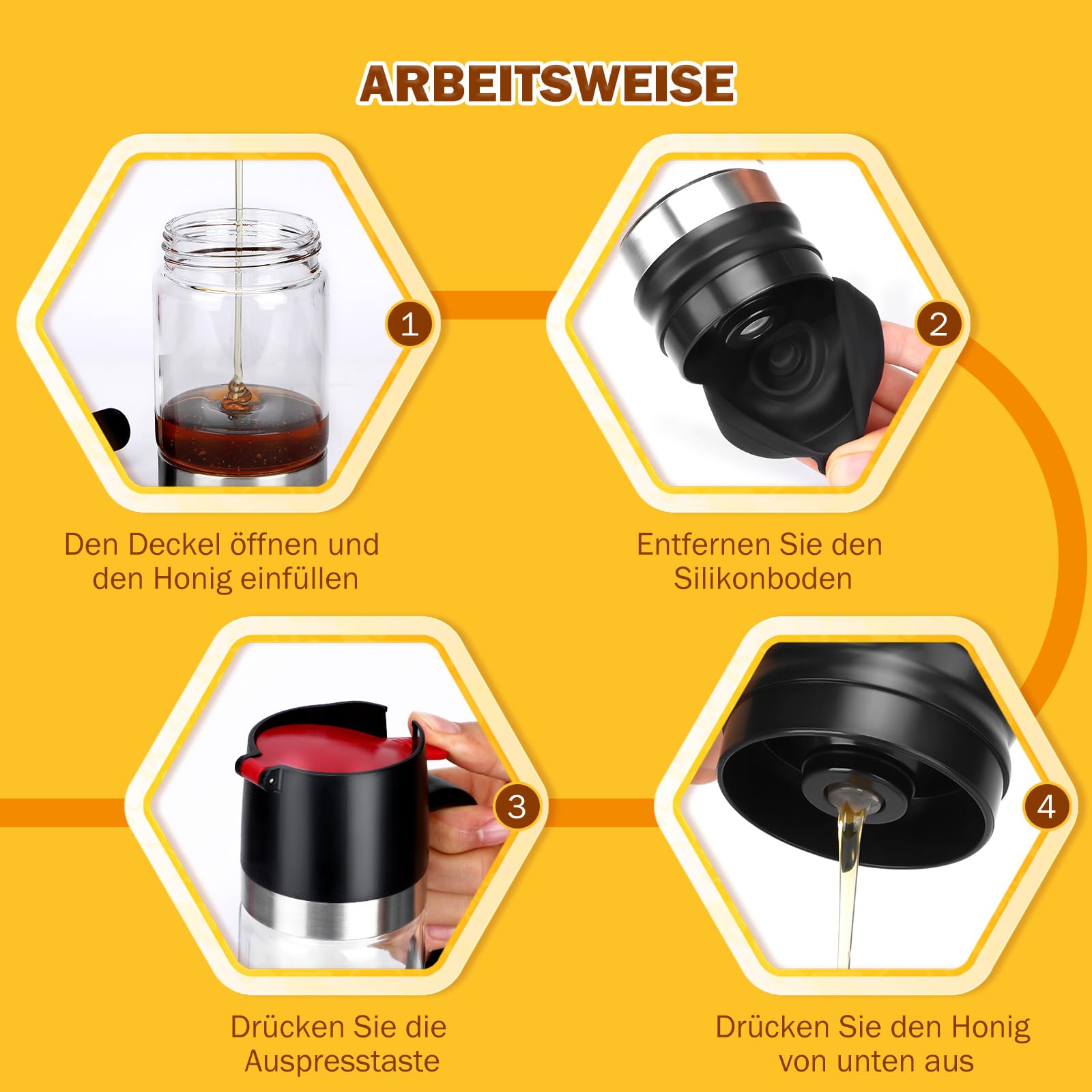 Honigspender Glas, 9 oz Tropfsicheres Honigglas mit Griff, Tropfsicherer Glas-Honigspender mit Halterung, Press-Typ Sirupspender, Haushaltsversiegeltes Glas, Sirupflasche, Marmeladenflasche (Schwarz)