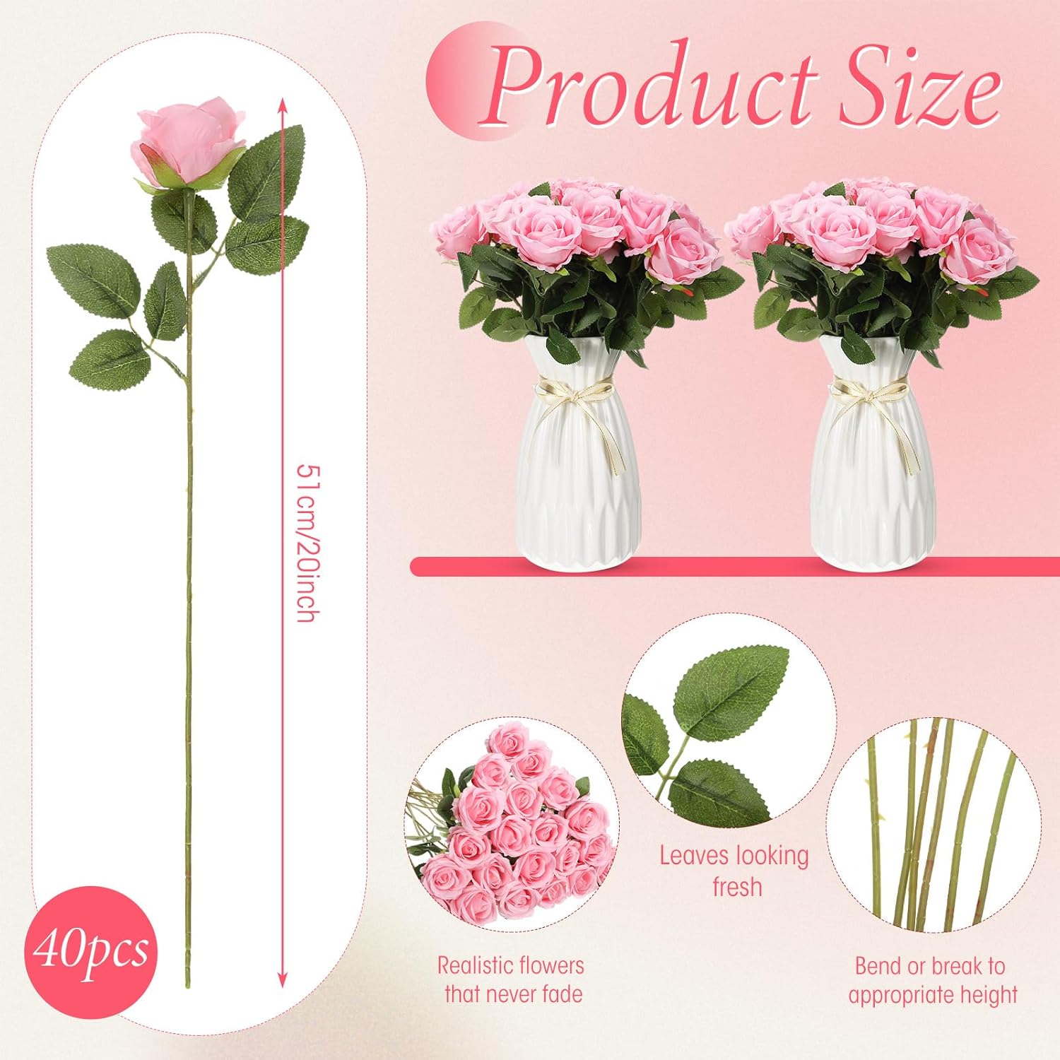 Hotop 40 Pcs Rose Artificial Flowers Bulk with Long Stem,Realistic Silk Fake Roses Bouquet for Home Wedding Centerpieces Party Table Decoration Valentines Gifts(Pink) - Image 2