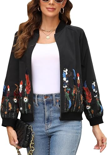 Higustar embroidery Jackets for Women Bomber Satin Floral Embroidered Mexican Style Outwear Jacket Spring Fall Zip Up Coat