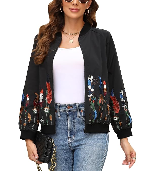 Higustar Embroidery Jackets for Women Bomber Satin Floral Embroidered Mexican Style Outwear Jacket Spring Fall Zip Up Coat by Higustar - Used condition - US$30.95