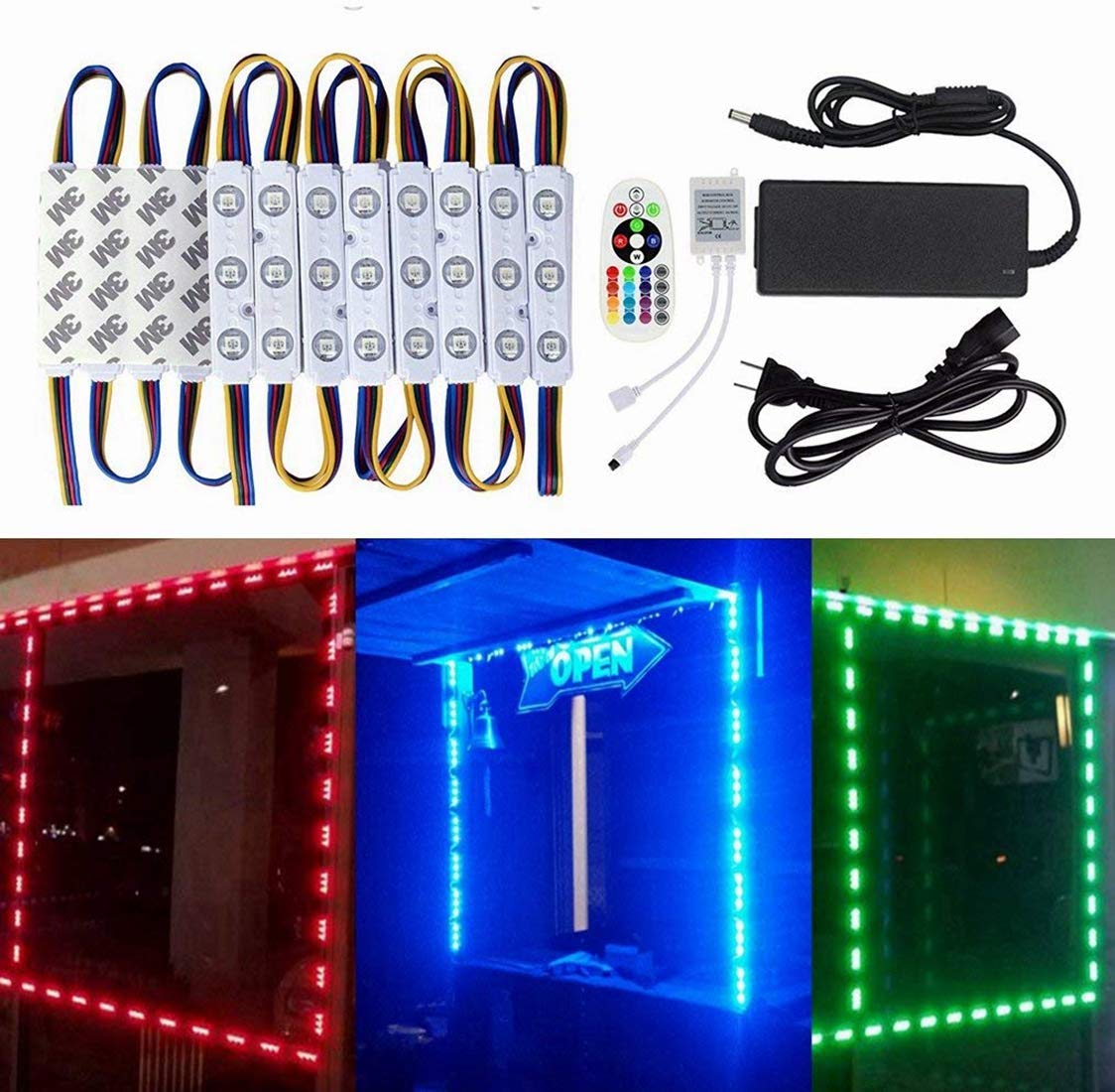 10FT Storefront Window LED Light Kit 5050 RGB Injection LED Module Light with Power Plug and 24 Key Remote Controller