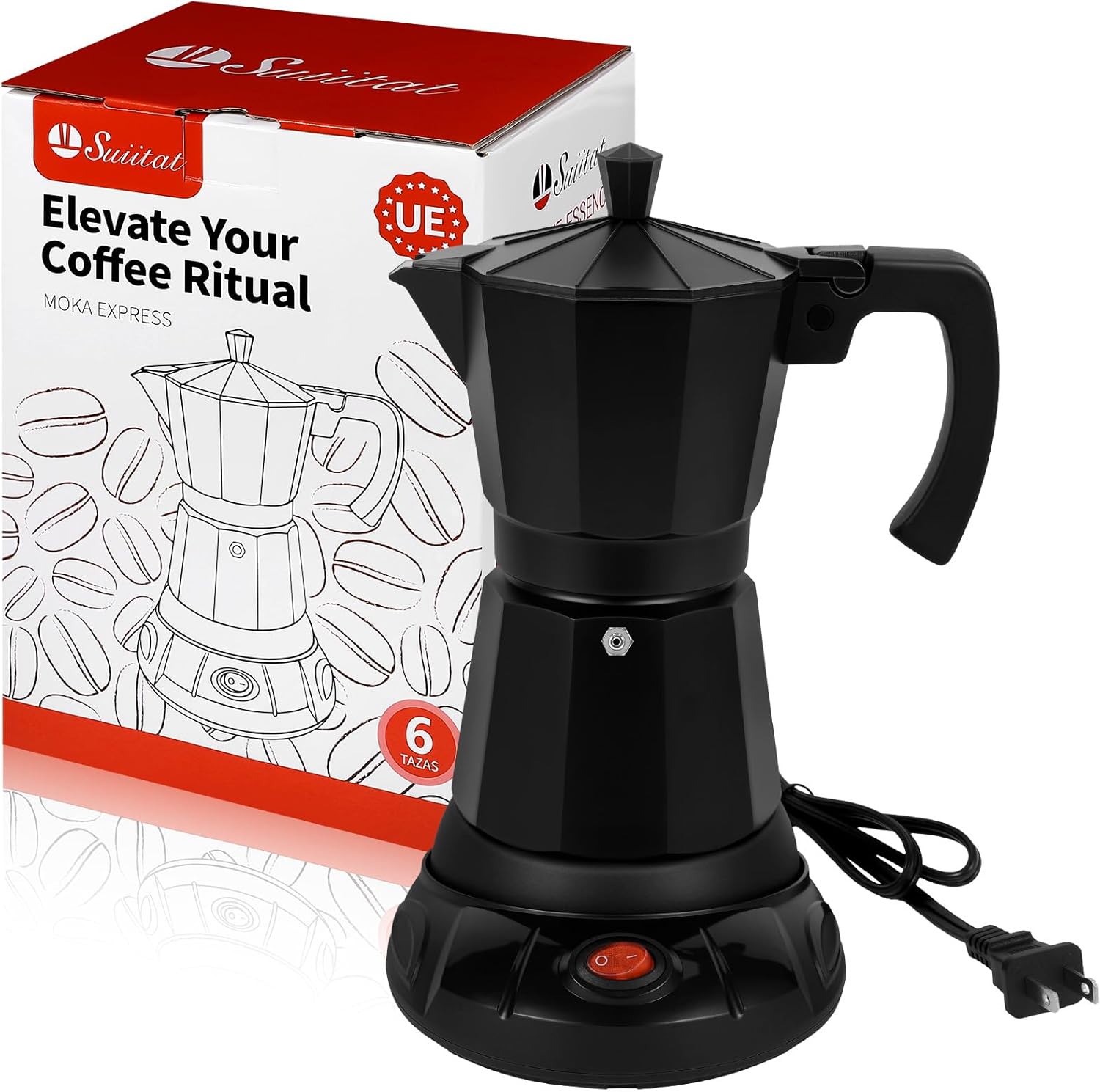 Black Aluminum Electric Moka Pot, 3 or 6 Cups Espresso Maker with Dose Reduction Plate