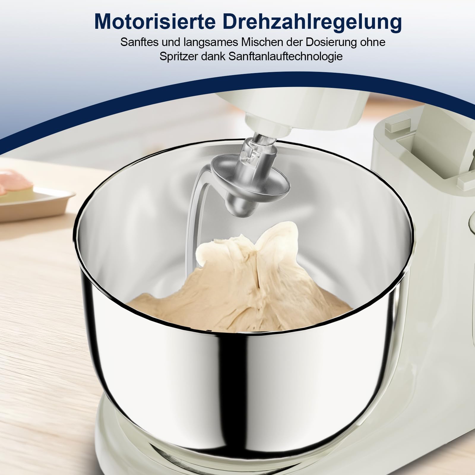 Camic Küchenmaschine mit LED-Display, Zeit Einstellen, Knetmaschine mit Rührhaken, Knethaken, Schlagbesen, 10 Stufen, 2 Edelstahlschüsseln 4L+5L, für Teig, Brot, Pizza, Kuchen (White)