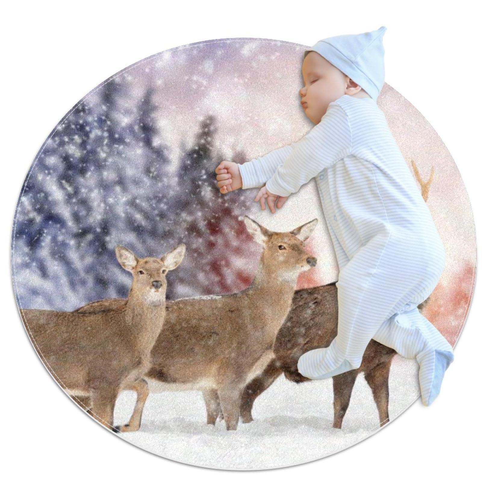 Tapis rond cerfs en hiver pour le salon et la chambre : un décor cosy de 100x100 cm.