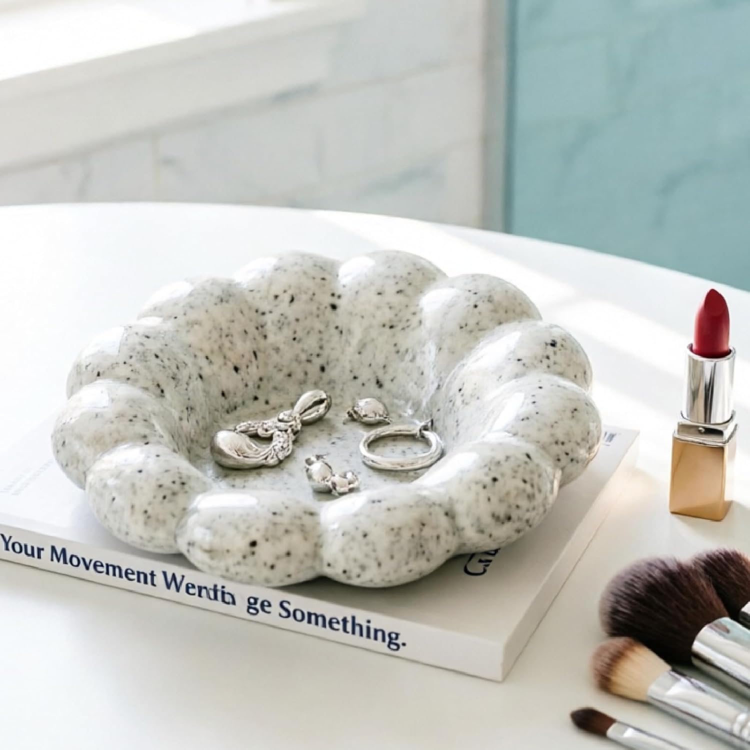 Natural Marble Speckled Jewelry Tray, 7.3" Round Scalloped Catchall Dish for Bathroom Vanity, Rings Earrings Necklaces, for Nightstand Entryway Table, Boho Home Decor for Perfume, Jewelry, Home Decor image 5