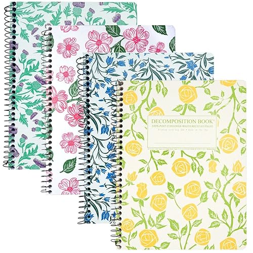 Decomposition 4-Pack Flowery Bouquet College Ruled Spiral Notebook - 9.75 x 7.5 Journal with 160 Lined Pages - 100% Recycled Paper - Cute Notebooks for School Supplies, Home & Office - Made in USA - Spiral-bound - 4 Pack - Flowery Bouquet