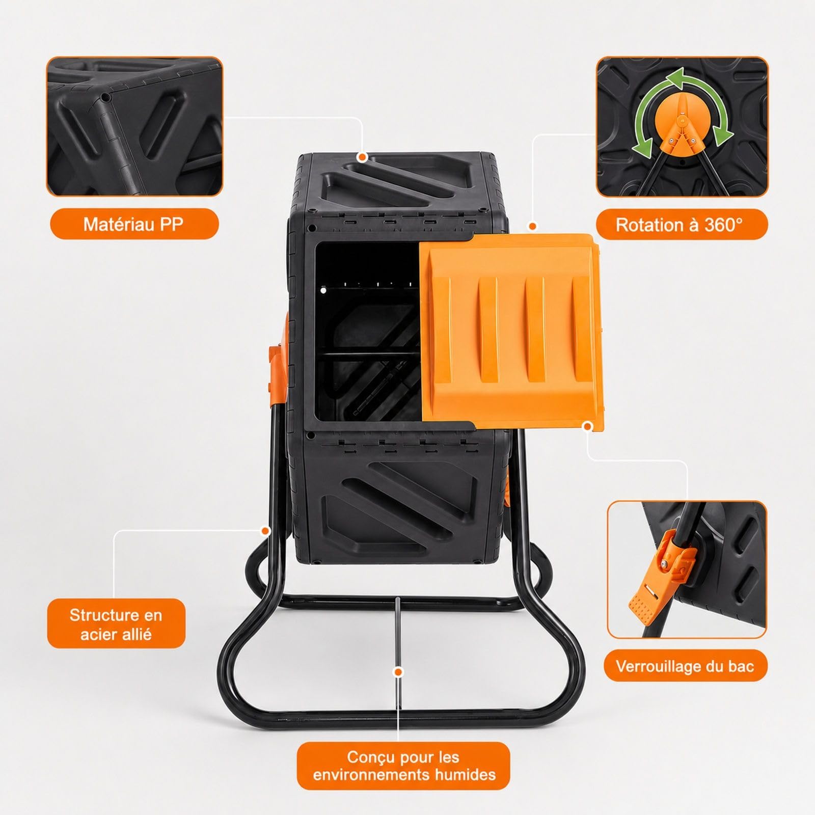 Composteur Rotatif de Jardin 70 L, bac à Compost à Chambre Unique, 360° Rotatif, en PP et Acier, Charge 20 kg