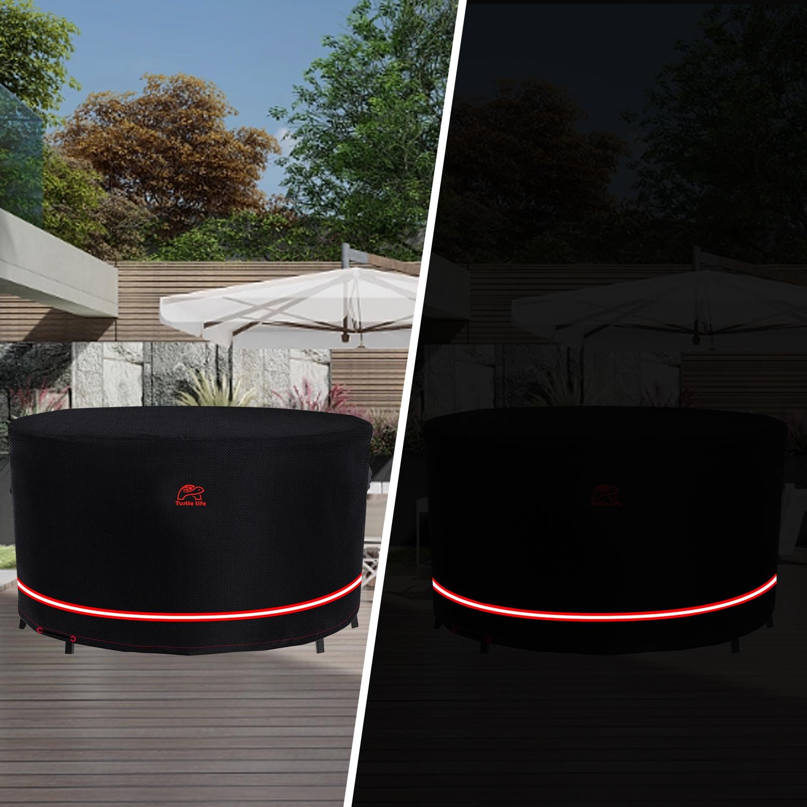 Turtle Life Copertura di protezione per tavolo e sedie rotonde, durevole, resistente all'acqua, per mobili da esterno ed interno, con griglia di ventilazione migliorata, colore nero, diametro 205 x 89