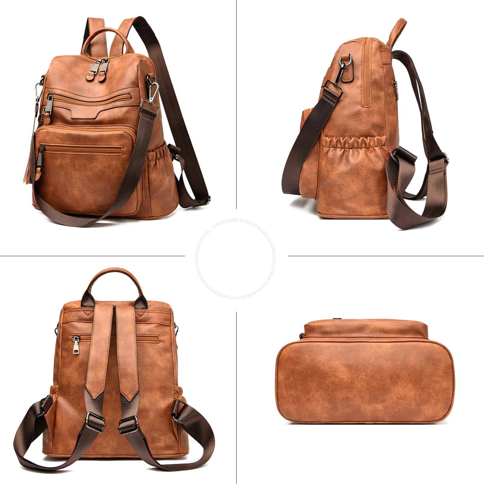Bolsos Mochila Mujer Impermeable Cuero Bolsos bandolera Bolso Casual Viaje Mochilas Marrón