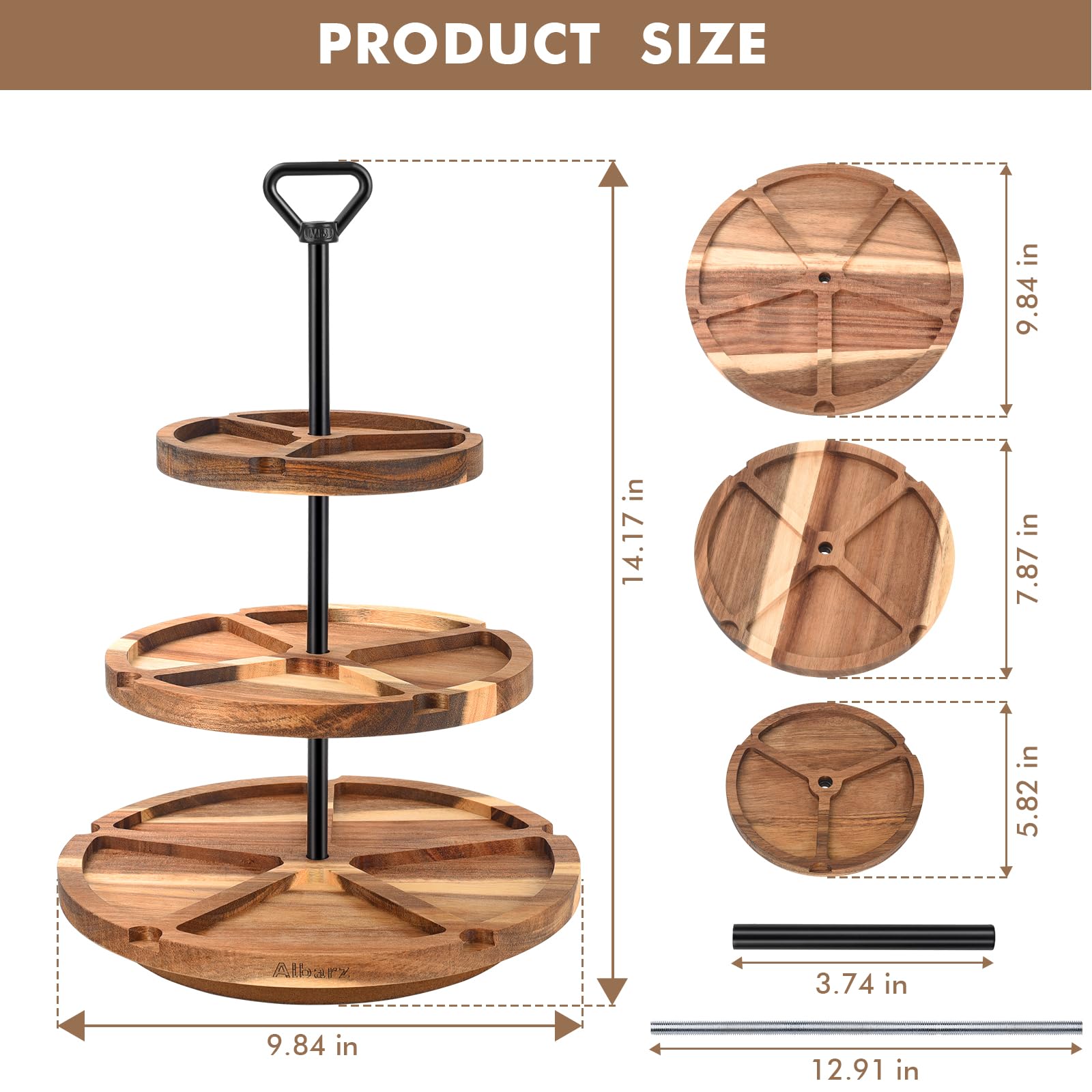Albarz Elegante tabla de queso de acacia de tres niveles con bandejas fáciles de girar. Tabla de embutidos perfecta para reuniones, regalos de inauguración de la casa, celebraciones y uso diario.