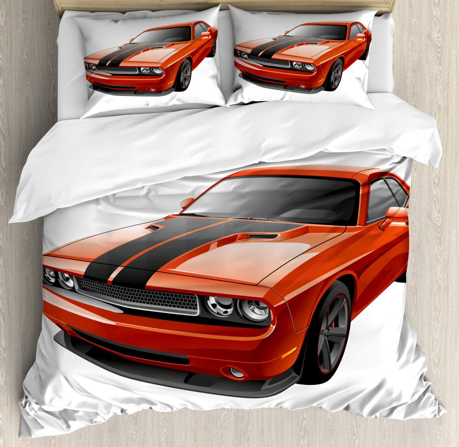 LunarableCartoon Duvet Cover Set, Modern Muscle Car Exotic Sports Hobby Activity Leisure Concept Design, Decorative 3 Piece Bedding Set with 2 Pillow Shams, Queen Size, Charcoal Grey and Orange
