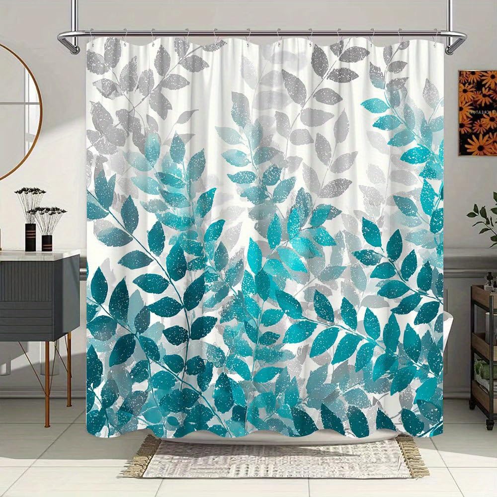 Cortina de Ducha Extra Larga con diseño botánico Moderno en Tonos Turquesa y Blanco Degradado,Hojas y Gris. Tejido de poliéster Lavable a máquina con 12 Ganchos (175 x 220 cm).