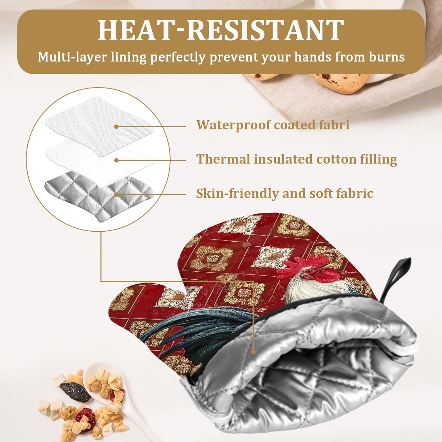 Vintage Rustic Rooster Oven Mitts and Pot Holders Sets 4Pcs Farm Animal Silicone Kitchen Gloves Heat Resistant Potholders for Baking Cooking Grilling BBQ