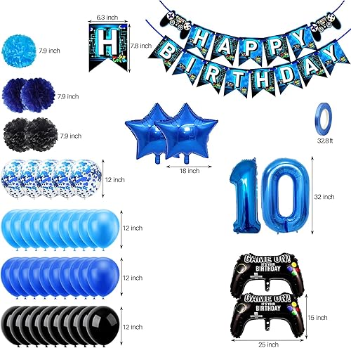 Miniatura 2 de 53 decoraciones de cumpleaños número 10 para niños, suministros de fiesta de videojuegos azules, incluye pancarta de feliz cumpleaños, globo del